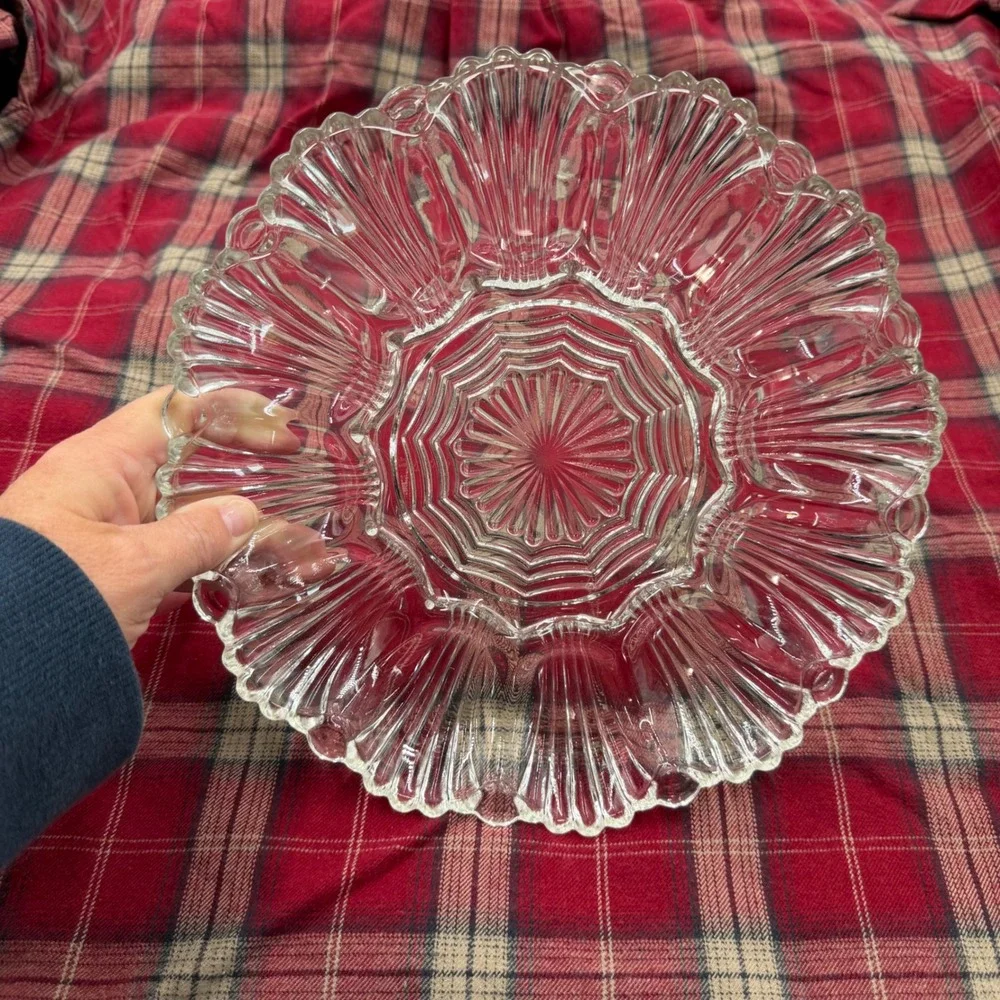 Vintage Clear Pressed Glass Deviled Egg Platter 12 Slot Scalloped Sunburst Tray